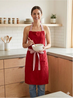 Mainstays Red Bib Apron Front Pockets Adjustable Halter Gingham Ties Cotton Blen